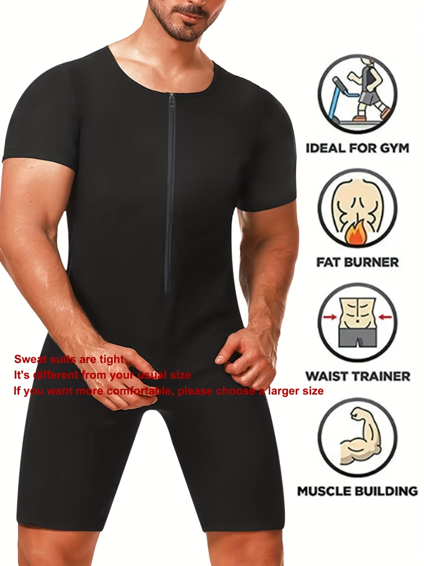 Men's full body sweat suit for training, shaped for fitness, made from breathable polyester with zipper top. Ideal for gym, yoga, hiking, and camping in all seasons.