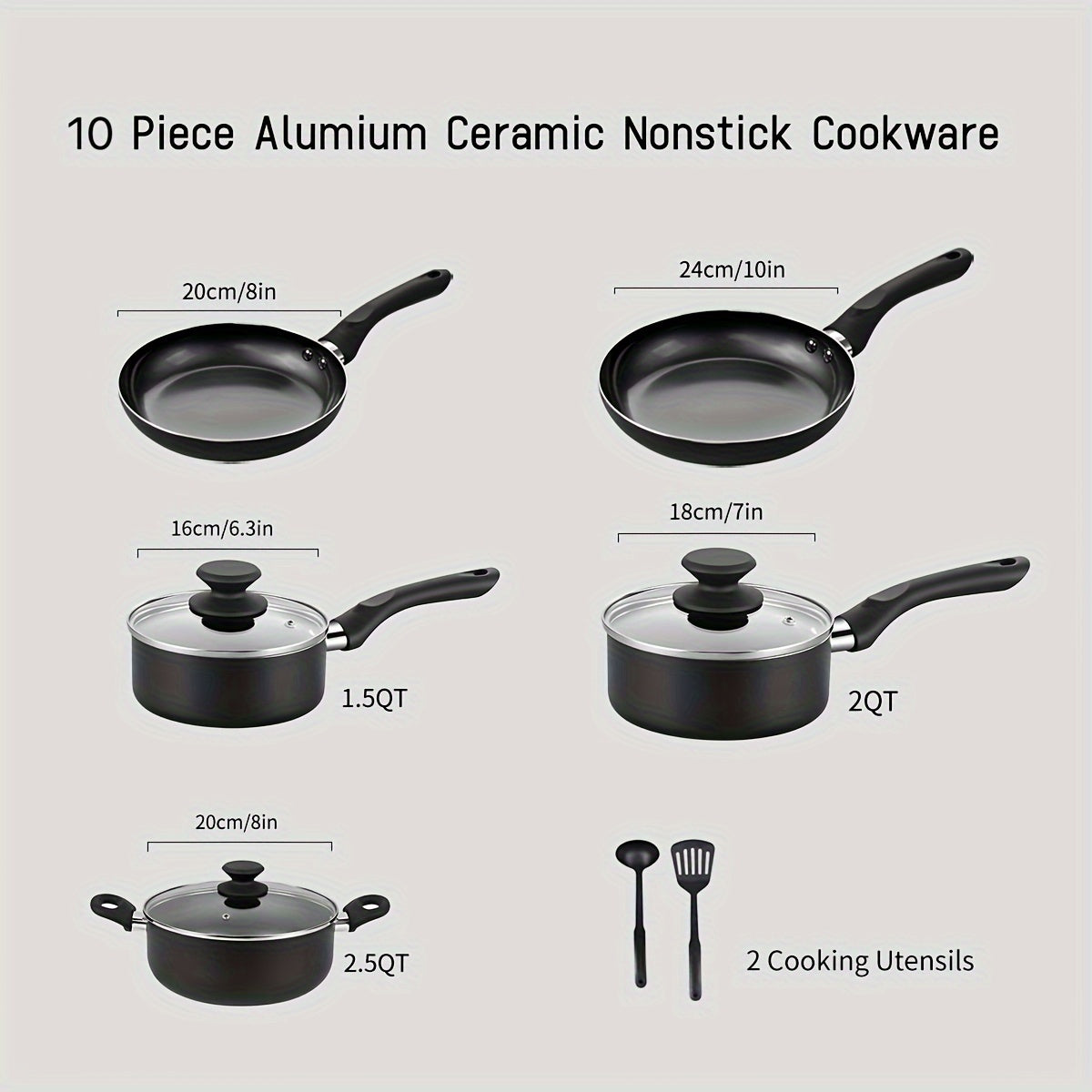 Aluminum Nonstick Cookware Set with 10 Pieces - Kitchen Pots and Pans with Cooking Utensils, Safe and Durable, Perfect for Home Cooking and Gifting - Free of PFOA, Cadmium, and Lead.