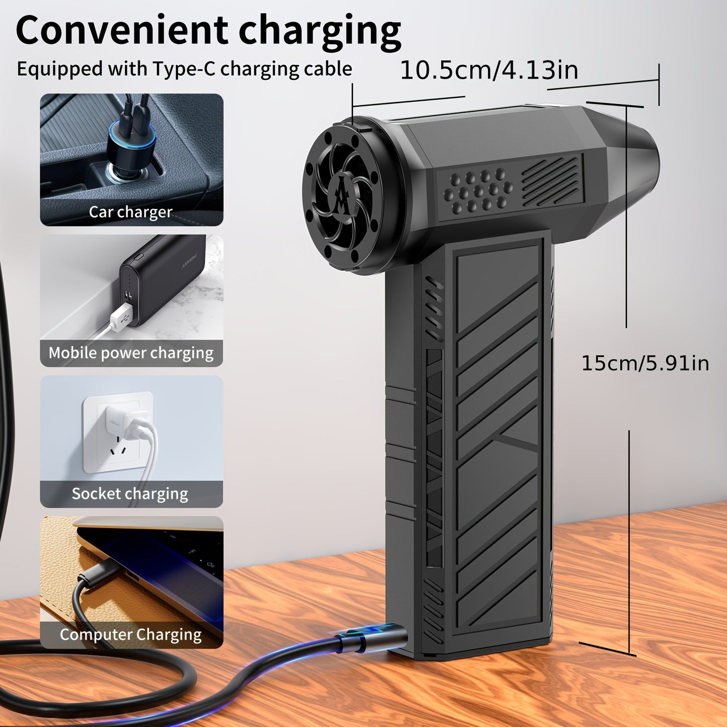 Portable Turbo Blower for outdoor use, with 130000 RPM high-speed handheld jet fan. Multi-functional for snow removal and BBQ carbon production. Battery/USB powered with 4000mAh