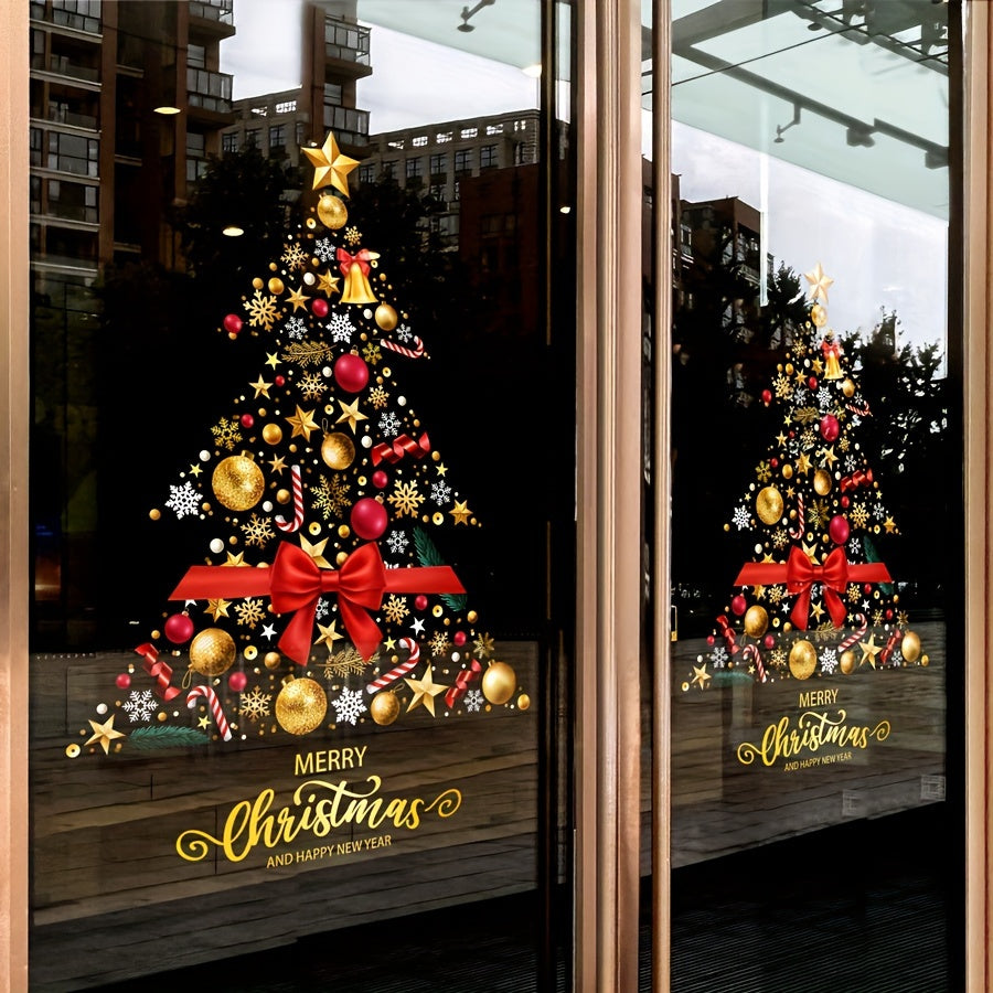 Festive Christmas Tree Static Cling Window Film made of PVC, measuring 45cm x 60cm, perfect for decorating glass doors during the holiday season at home or in shops.