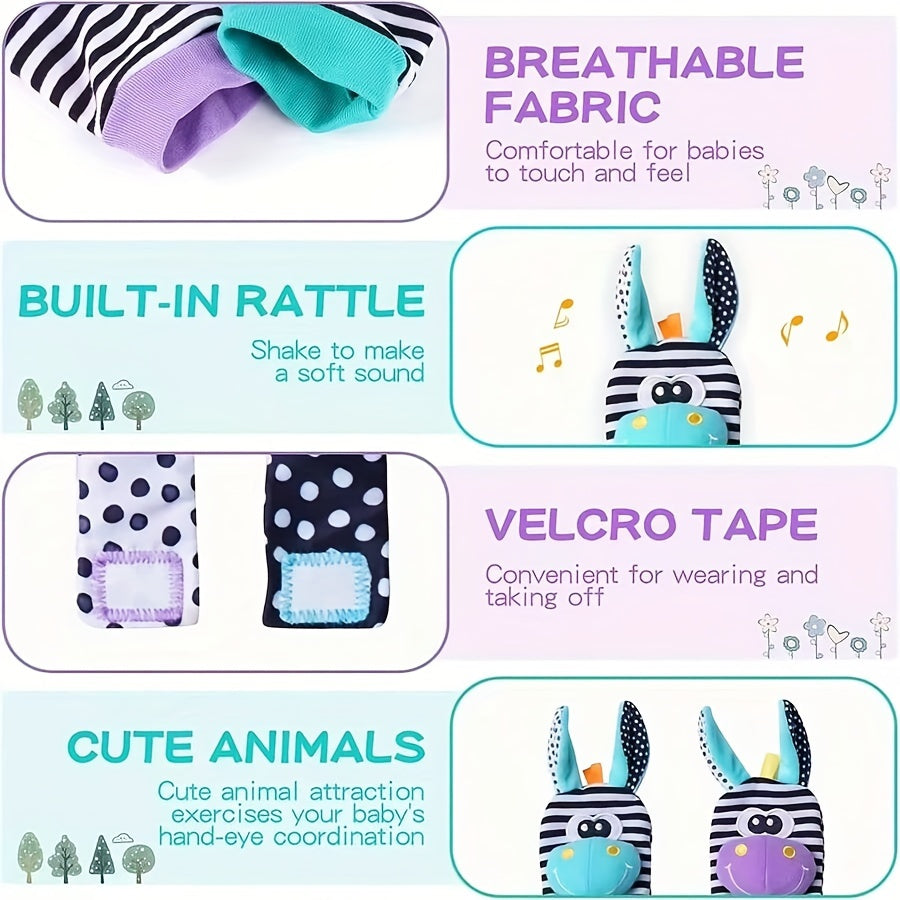 Set of 2 or 4 Baby Toys: Adorable Animal Wrist Rattle and Foot Find Socks for Babies 0-12 Months - Perfect Newborn, Birthday, or Christmas Gift for Baby Boys and Girls