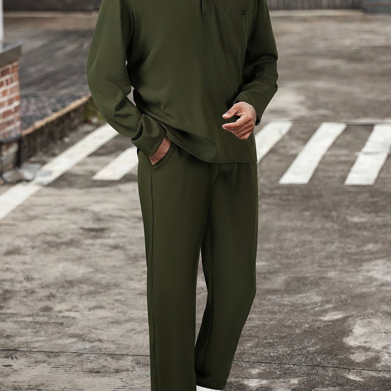 Men's Casual Polyester Sweatsuits with Collared Neck, Solid Color, Slight Stretch Fabric, Pocket Detail - Spring/Fall Woven Lash Sets with Regular Fit Long Sleeve Shirt and Drawstring Pants