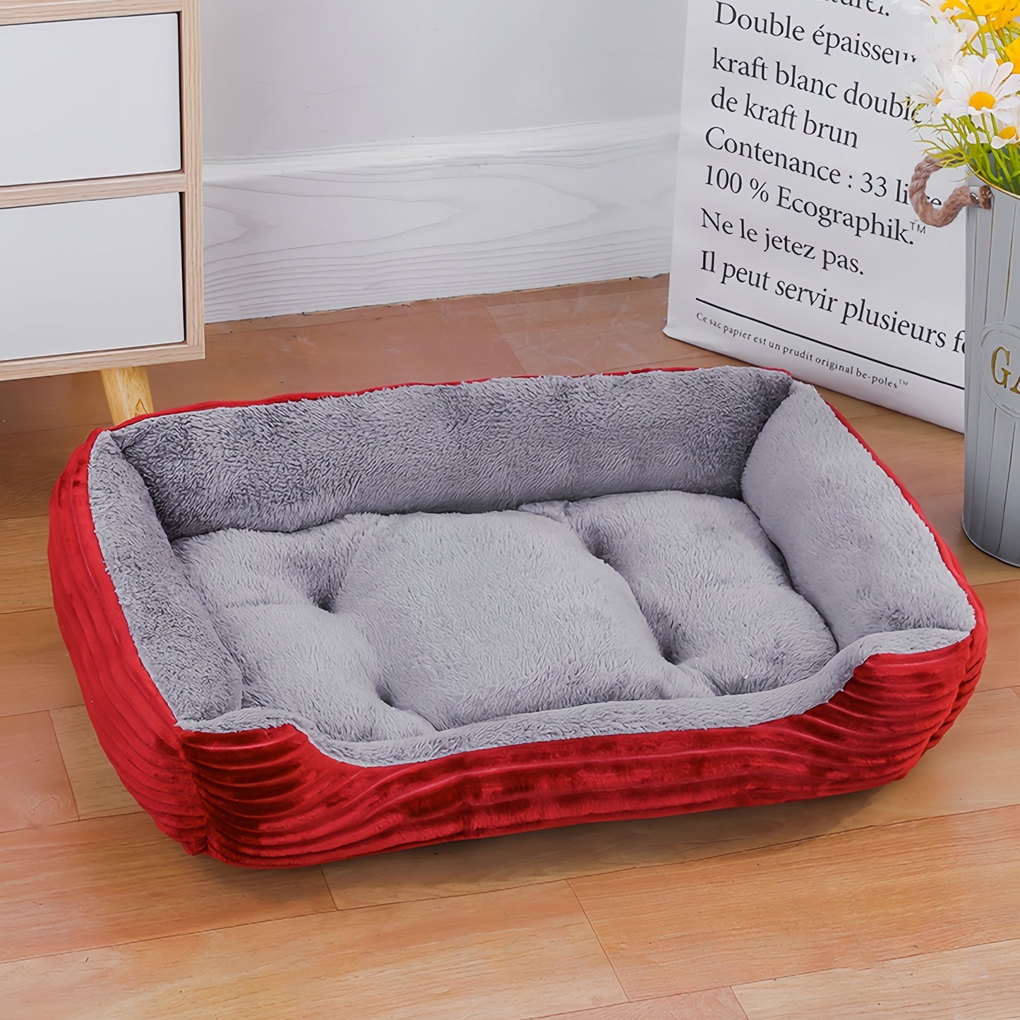 YIWANG Luxury Square Pet Bed, Polyester Fiber, Non-Slip Moisture-Proof, All-Season Warm Dog & Cat Bed for all breeds - Gray XL