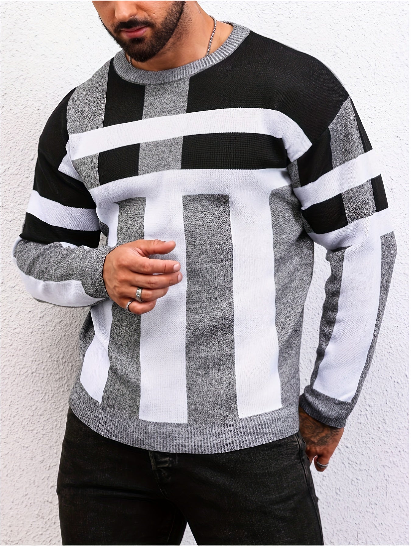 New men's fashion jacquard sweater for autumn and winter, casual tops pullover with long sleeve crew neck.