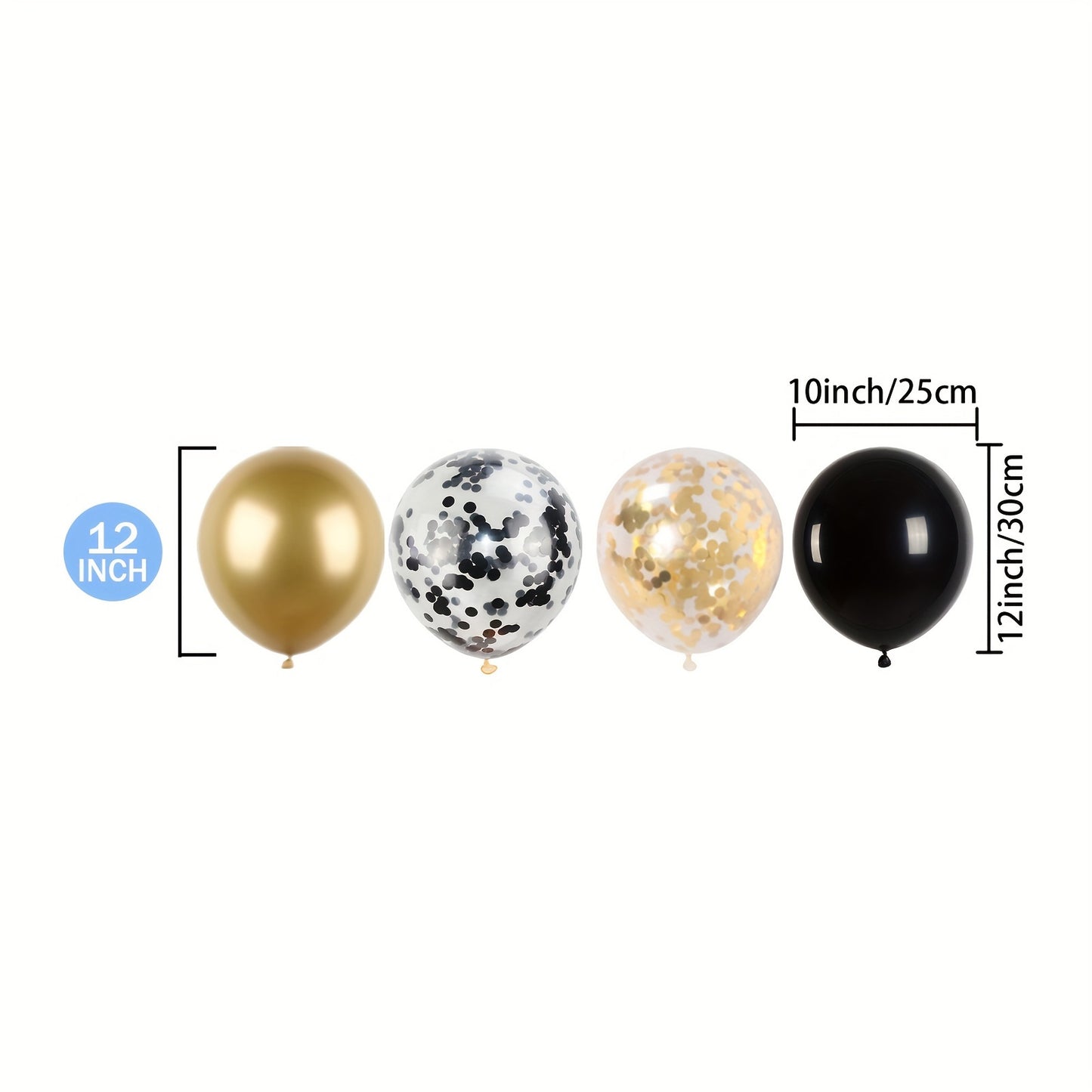 52 Black Golden Confetti Latex Balloons for various celebrations.