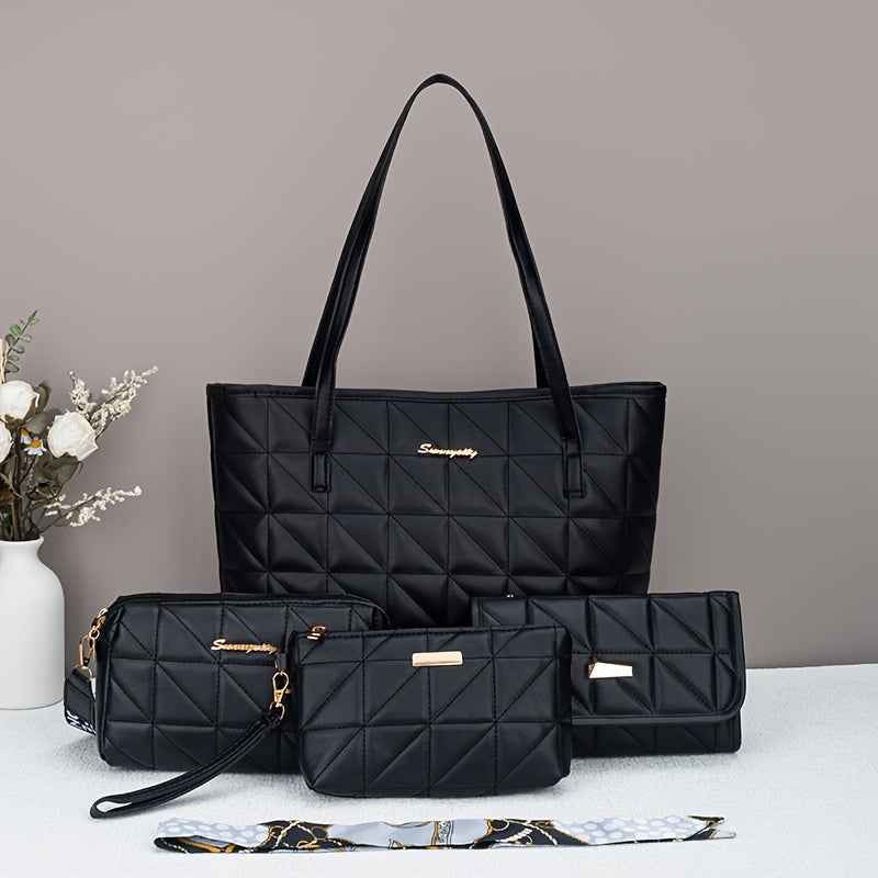 Fashionable, lightweight four-piece set of large capacity handbags, featuring a trendy rhombus grid design.