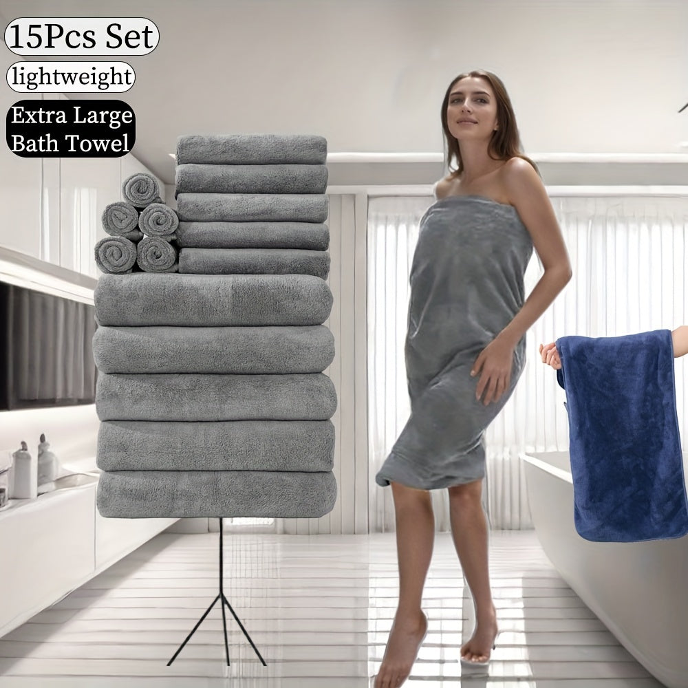 15-piece ultra-soft microfiber towel set in multiple colors, ideal for home and hotel showers.