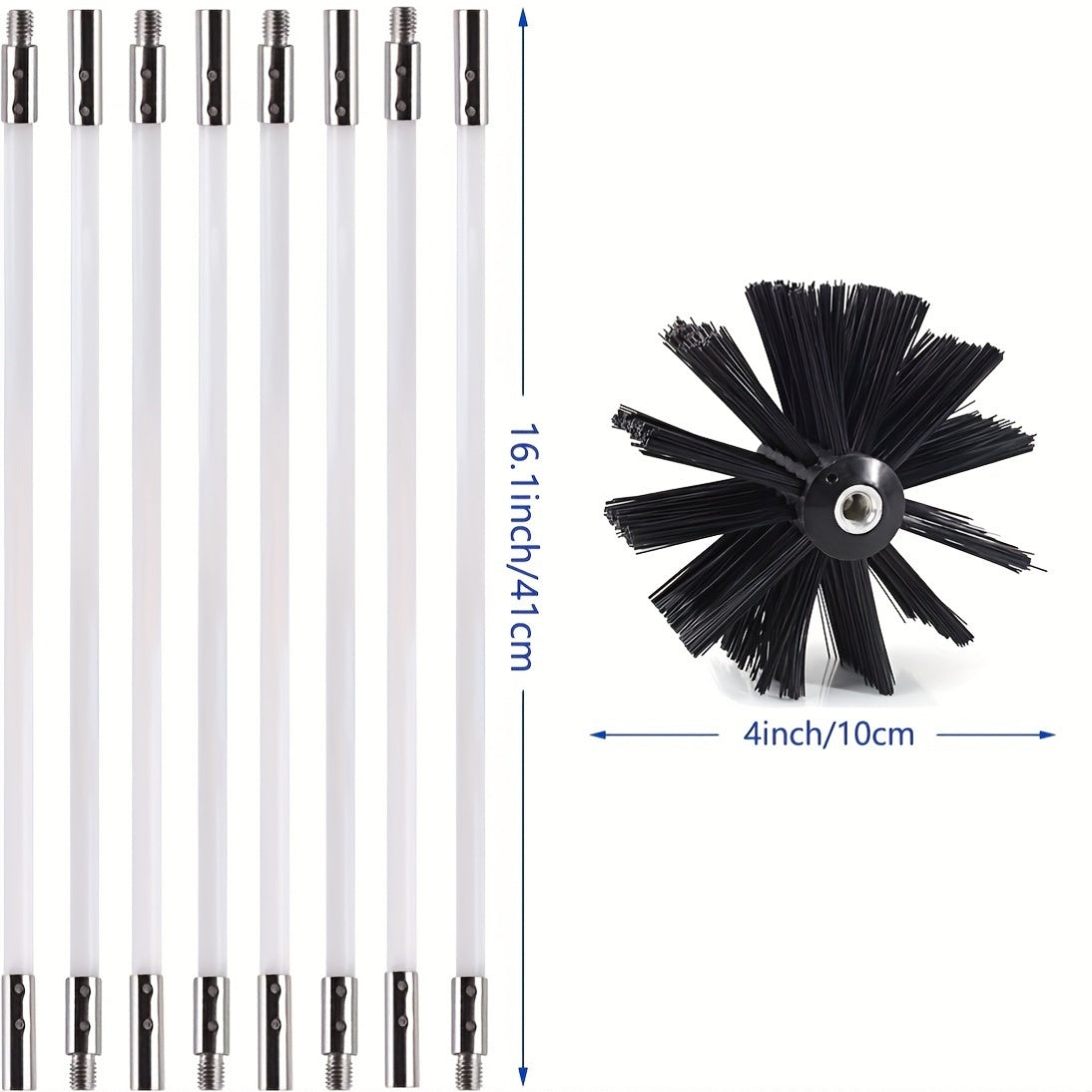 Set of 10 chimney brushes with drill attachment, extending to 3.05 meters. Features 4-inch diameter nylon bristles, soft PP rods, and reusable metal fireplace cleaning tools.