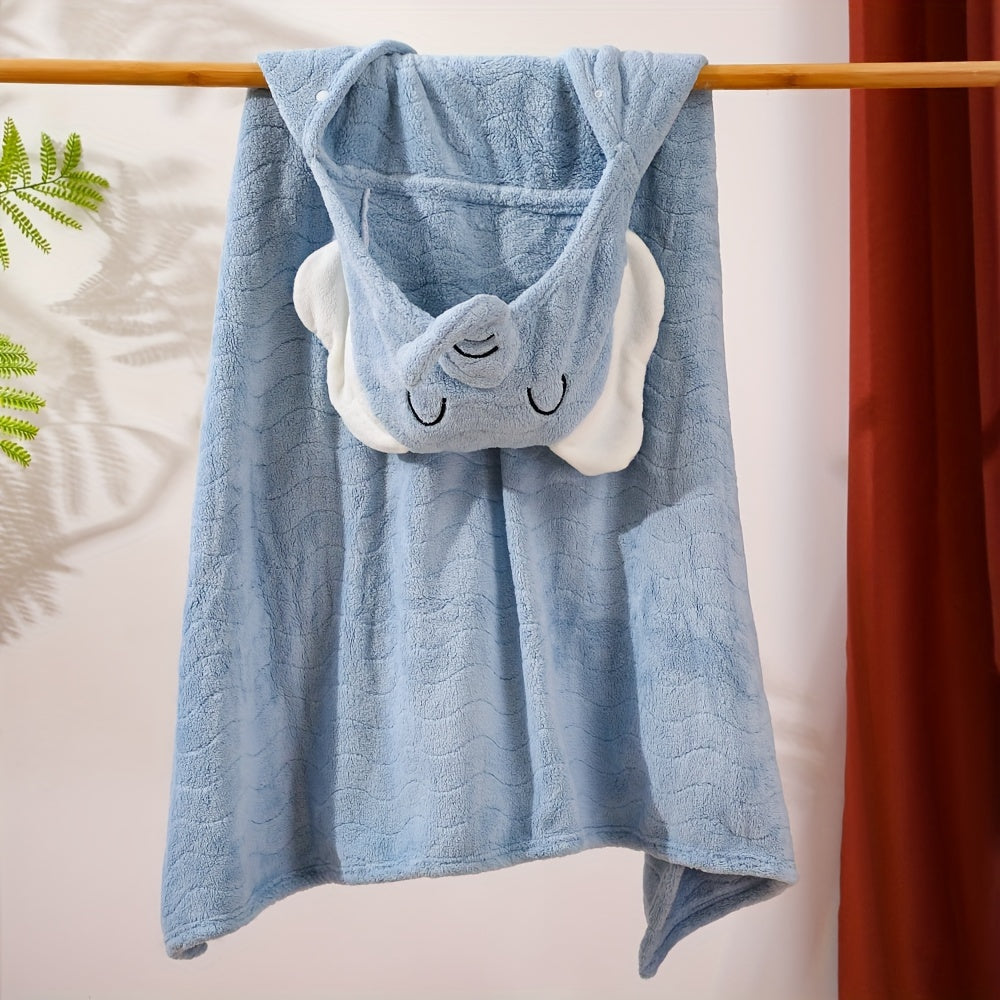 Hooded Bath Towel featuring 3D Animal Cartoon Design, Made with Super Absorbent and Soft Breathable Polyester. Quick Dry, Machine Washable, and Fade Resistant Knit Fabric in Blue Color. Comes in a Set of 1 Piece.