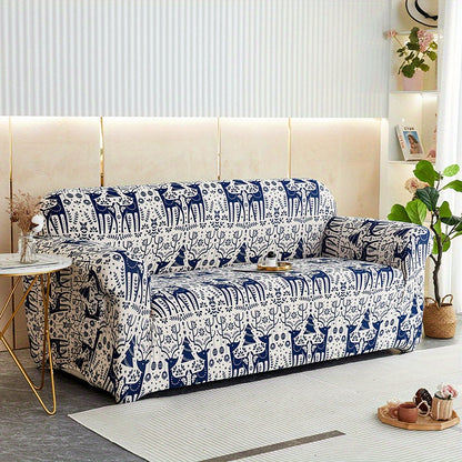 Modern printed sofa slipcover with elastic closure, made of 95% polyester and 5% spandex. Machine washable with active printing and stitched craftsmanship. Fits armchairs to sectional sofas, weighing 100-120gsm fabric.