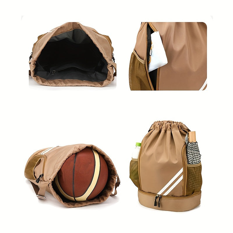 Polyester drawstring gym bag with practical pockets, perfect for basketball, outdoor activities, travel, swimming, hiking, and climbing.