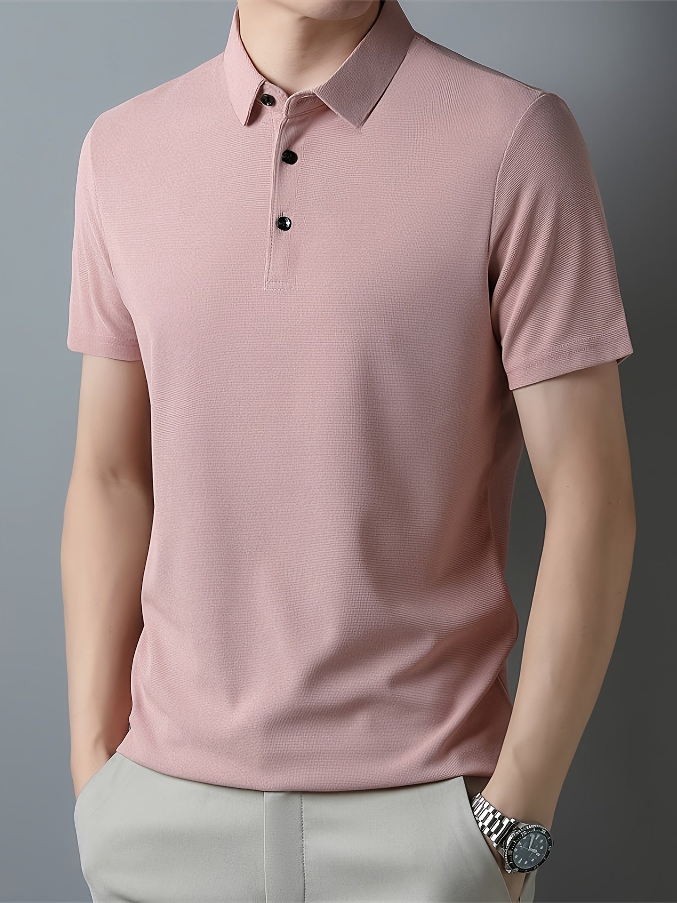 Men's Breathable Polyester Shirt - Casual Solid Color, Short Sleeve with Collar