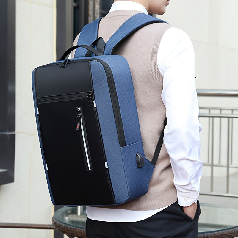 Blue nylon backpack for men with laptop compartment, USB charging port, and adjustable straps; ideal for business, travel, and daily use.