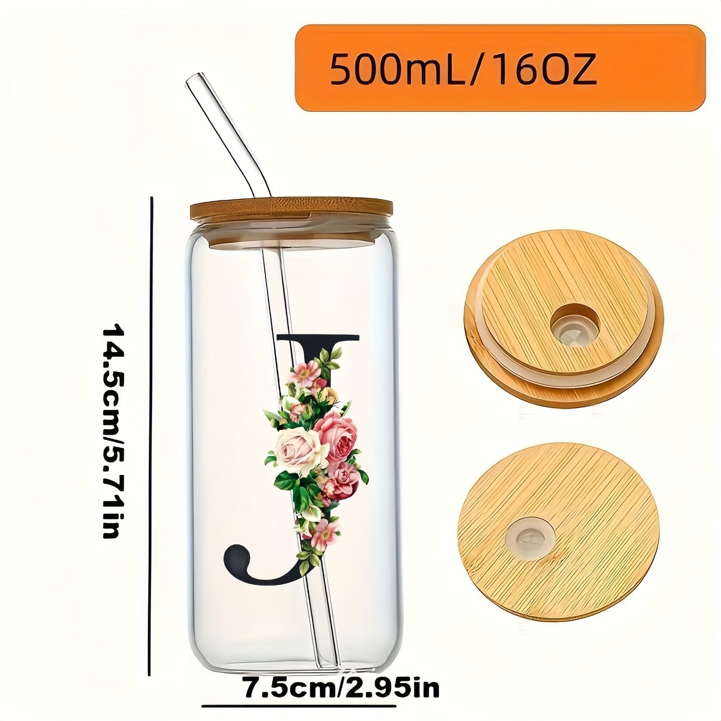 Alphabet flowers drinking glass with bamboo lid and straw, ideal birthday gift for women, friends, girls. 16 oz coffee glass, perfect for moms.