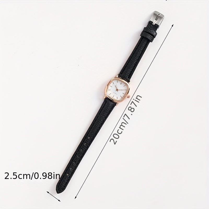 Elegant women's wrist watch with synthetic leather band, quartz movement, rectangular dial, pointer display, electronic drive, button battery powered.