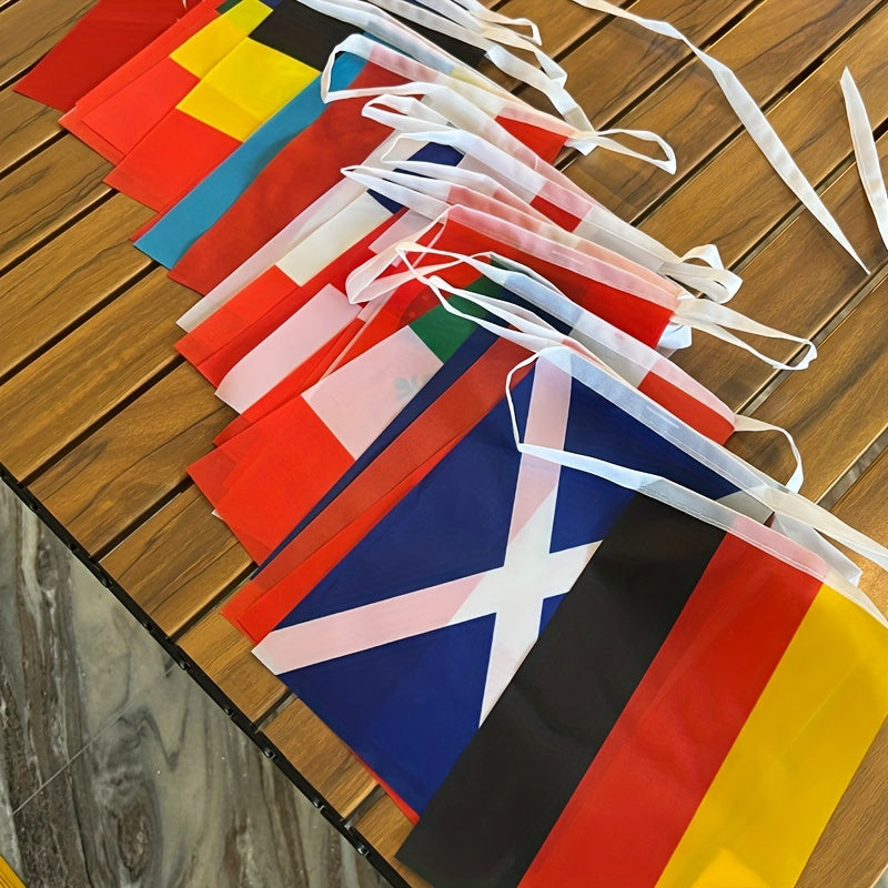 International world flag banner for room decor featuring flags from 25/50/100 countries. Made of non-woven polyester, perfect for various events such as weddings, graduations, beach