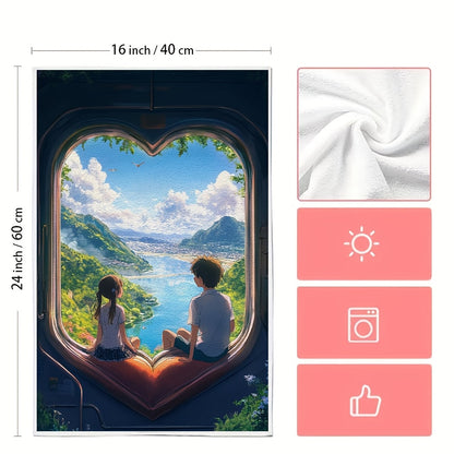 Set of 2 Kitchen Towels - Featuring an Anime Couple Sitting on a Heart Shaped Train Seat, Gazing at a Beautiful Landscape Through the Window. These Ultra Soft Towels are Highly Absorbent and Perfect for Holiday Decor. Machine Washable and Measures 16x24