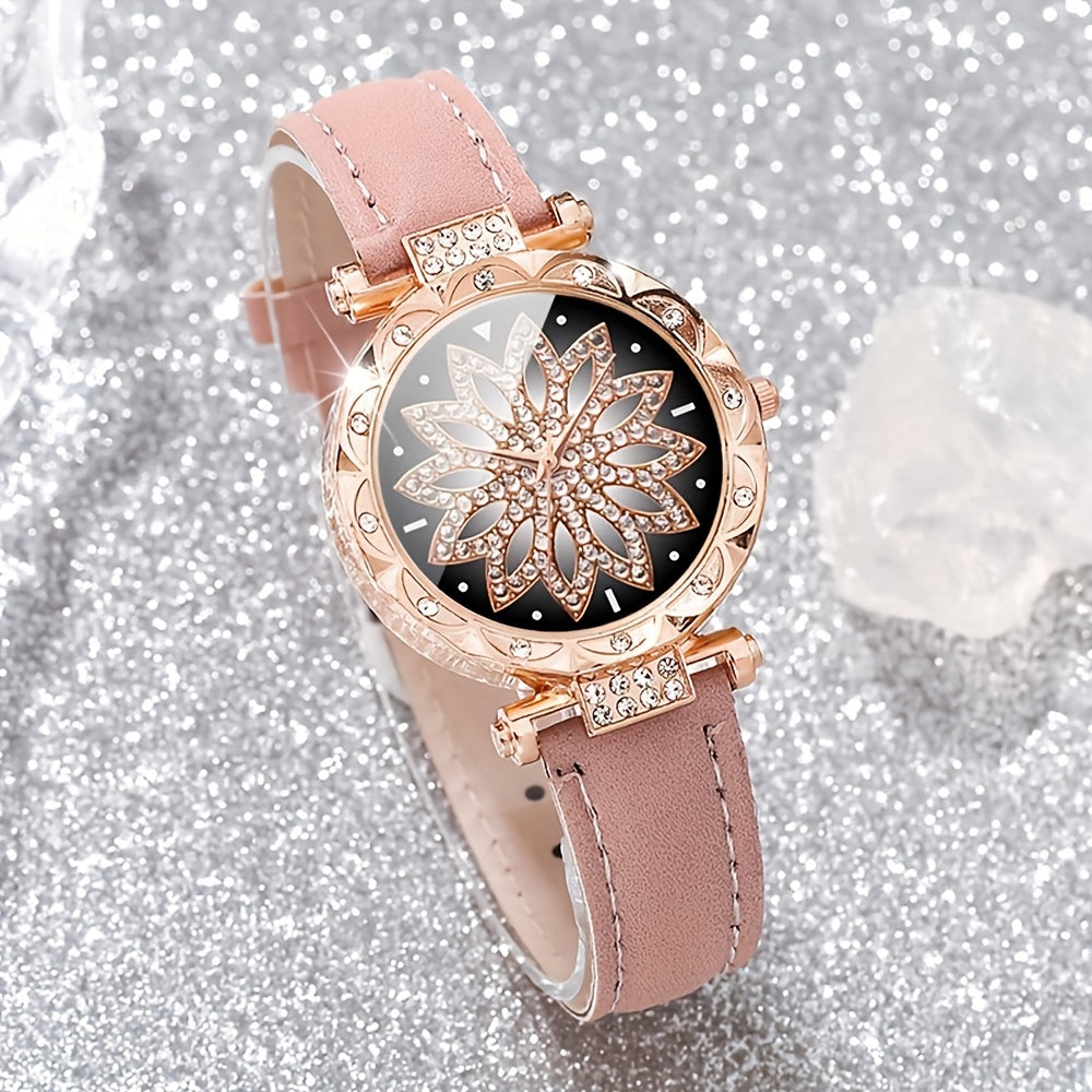 3-piece women's quartz watch set with rhinestone heart dial, PU leather strap, and fashionable design - perfect gift for girlfriend or mother.