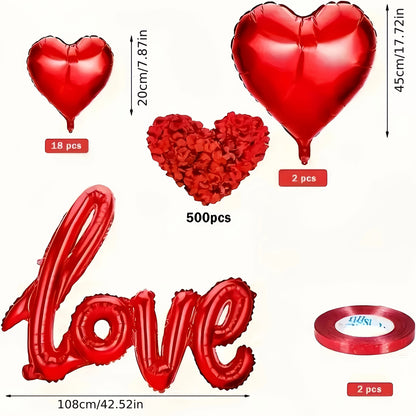 Romantic Valentine's Day decoration kit includes 1 set of balloons, 500 red rose petals, 20 red heart foil balloons, and 1 love letter balloon. Perfect for various celebrations and