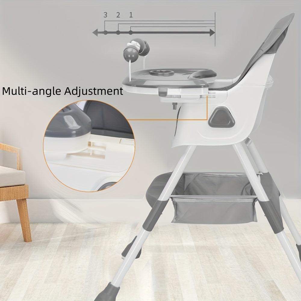 The Modern Portable Children's High Chair is a versatile and adjustable eating and playing chair with a table attachment for toddlers. It is designed to provide a high seat for infants and babies during mealtime, complete with a food plate. It makes a