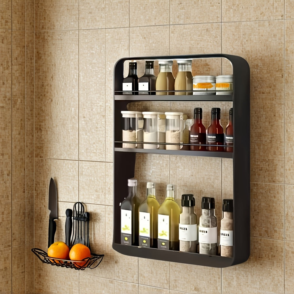 Metal Spice Rack, can be wall-mounted for space-saving storage in the bathroom. Perfect for organizing cosmetics and accessories with its multifunctional design.