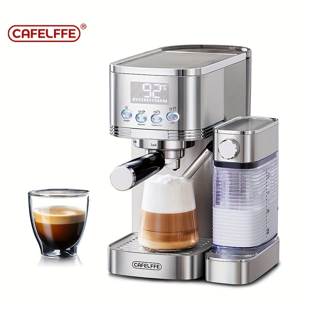 CAFELFFE Espresso Machine with Automatic Milk Frother, 20 Bar, one-touch cappuccino, latte, and espresso, featuring Double Boilers, Self Cleaning, 1.3 Litre Removable Tank, Stainless Steel.