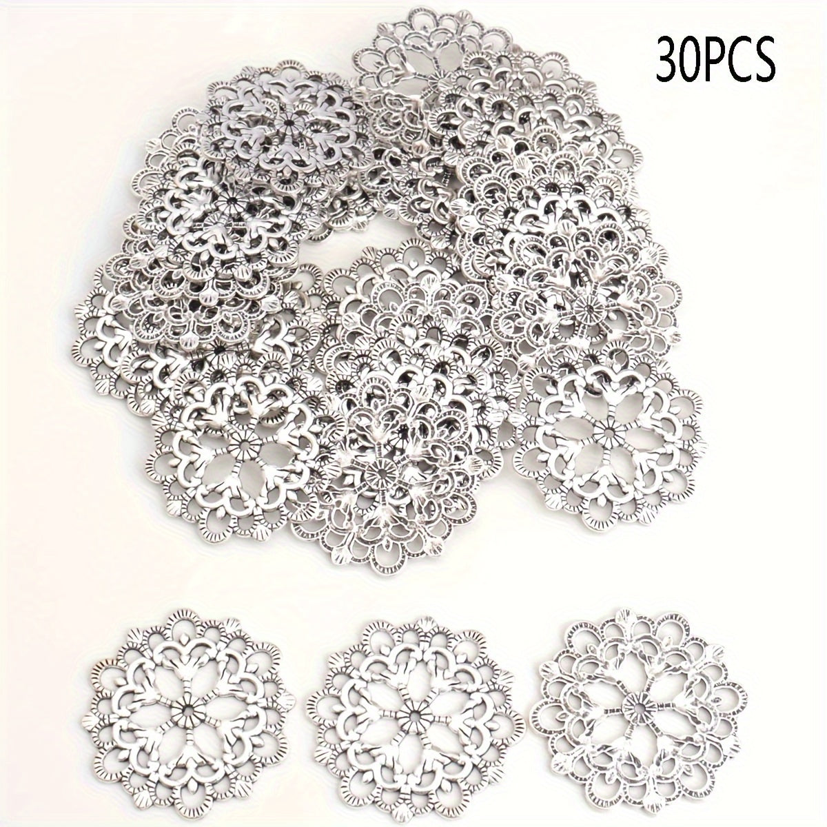 Set of 30 Antique Silvery/Ancient Golden/Bronze Hollow Lace Flower Round Combined Golden Pendants, 30mm/1.2 Inch in Size. Perfect for Christmas Decoration and DIY Jewelry Making