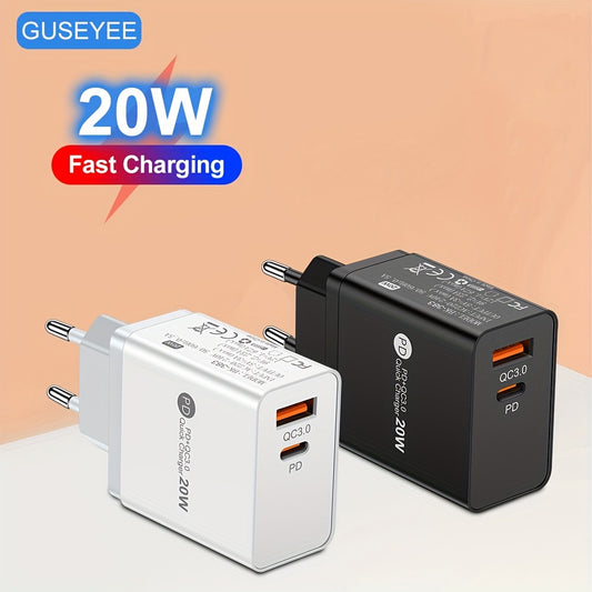 GUSEYEE 20W EU Dual-Port USB Wall Charger for Fast Charging iPhones, Samsung, Tablets & More with PD & QC3.0 Technology.