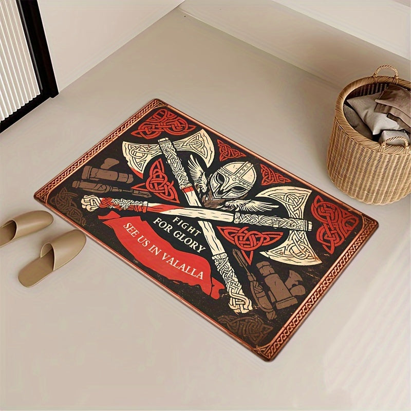 Flannel mat featuring retro Celtic axes print, 1 piece. Made of non-slip polyester material with a thickness of 1.2cm. Machine washable and fade resistant. Low pile design for soft absorption, suitable for bedroom, living room, or entryway decor.