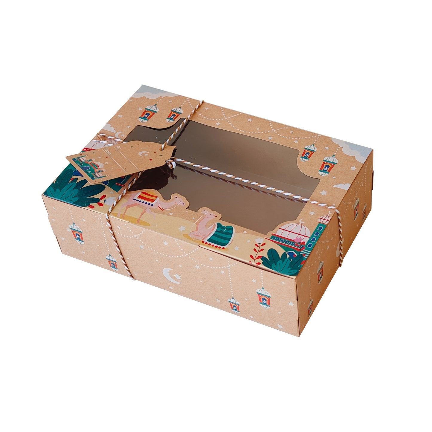 Eid Kraft Paper Gift Boxes with Islamic Designs and View Window, perfect for candy packaging during Ramadan Mubarak. Great for weddings, birthdays, and party favors. Includes 24 boxes with