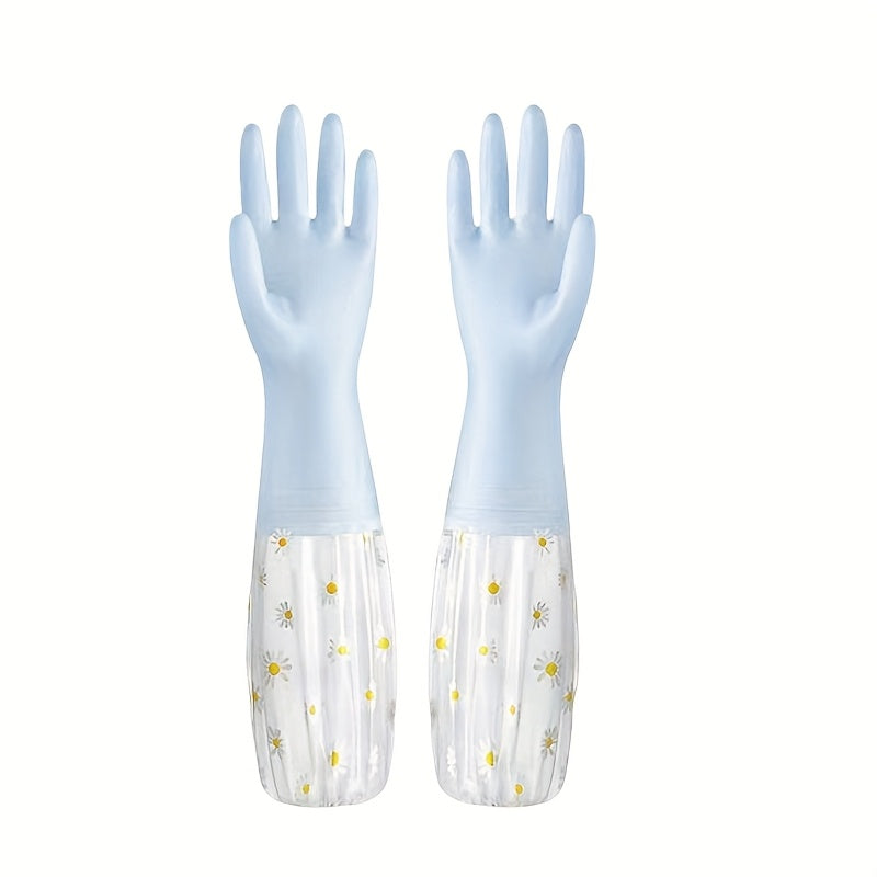 Waterproof PVC cleaning gloves with a daisy pattern, perfect for non-slip dishwashing in the kitchen, laundry, bathroom, toilet, and living room. These alcohol-free gloves are multi-purpose and ideal for all your cleaning needs. One pair included in the