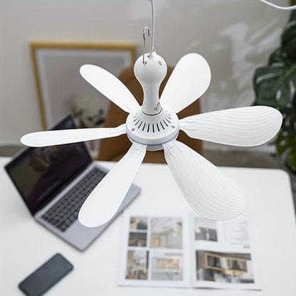 USB Powered Personal Fan for Office and Camping - Portable Ceiling Fan with Rechargeable Battery and 6 Blades, 1.6m Cable, Button Control, Plastic Material, Indoor/Outdoor Hanging Electric Fan with Multiple Components