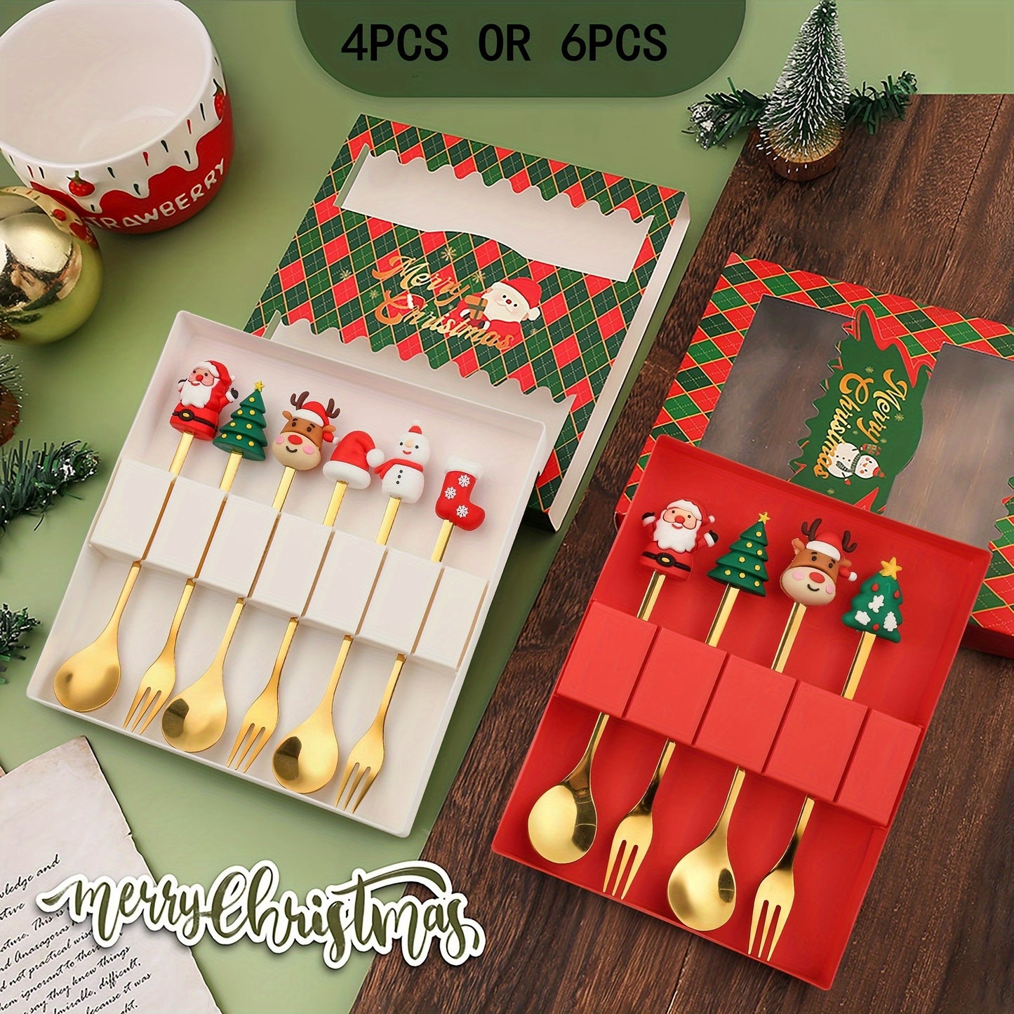 Christmas-themed stainless steel cutlery set includes 4 or 6 pieces in a gift box, featuring Santa, Christmas tree, and reindeer figurine designs. Perfect for serving desserts, cakes, fruit, and coffee during the holiday season. Great gift idea for