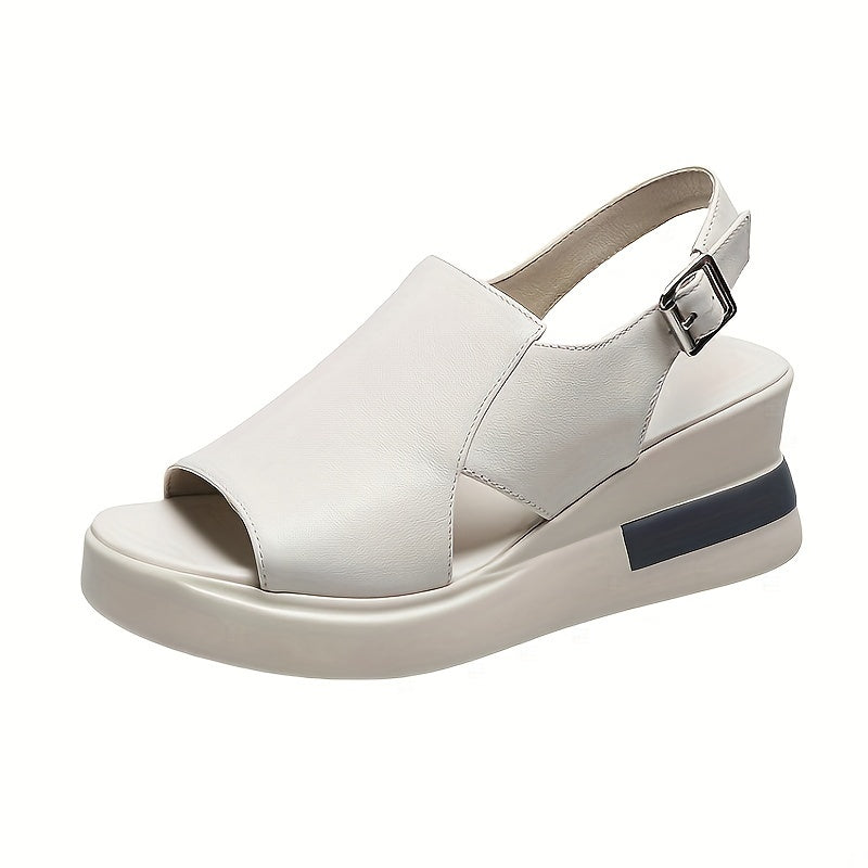 Women's platform wedge sandals with ankle buckle, open toe slip-on, man-made upper, TPU sole, hand washable for all-season comfort.