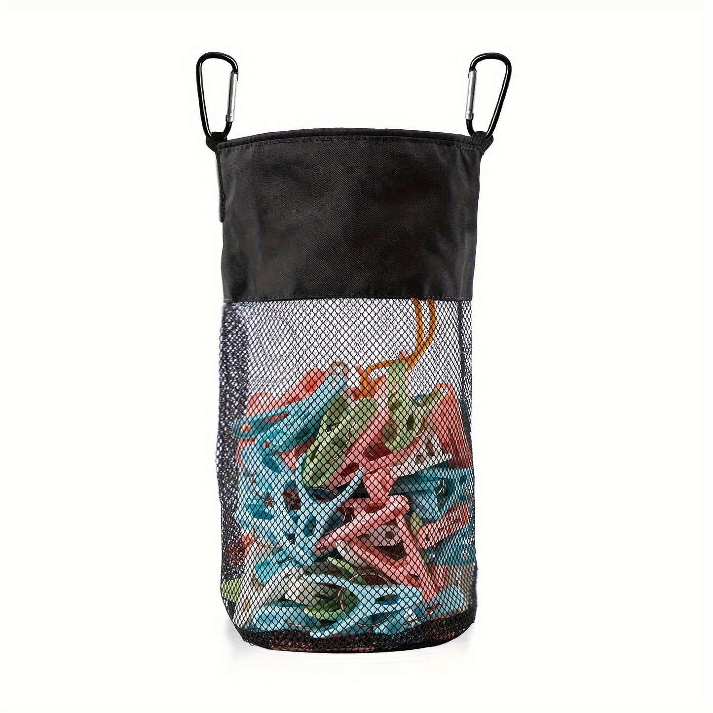 Large capacity clip storage bag with carabiner clips, fabric organizer pouch, suitable for hanging on walls or closets, ideal for organizing home and office supplies.