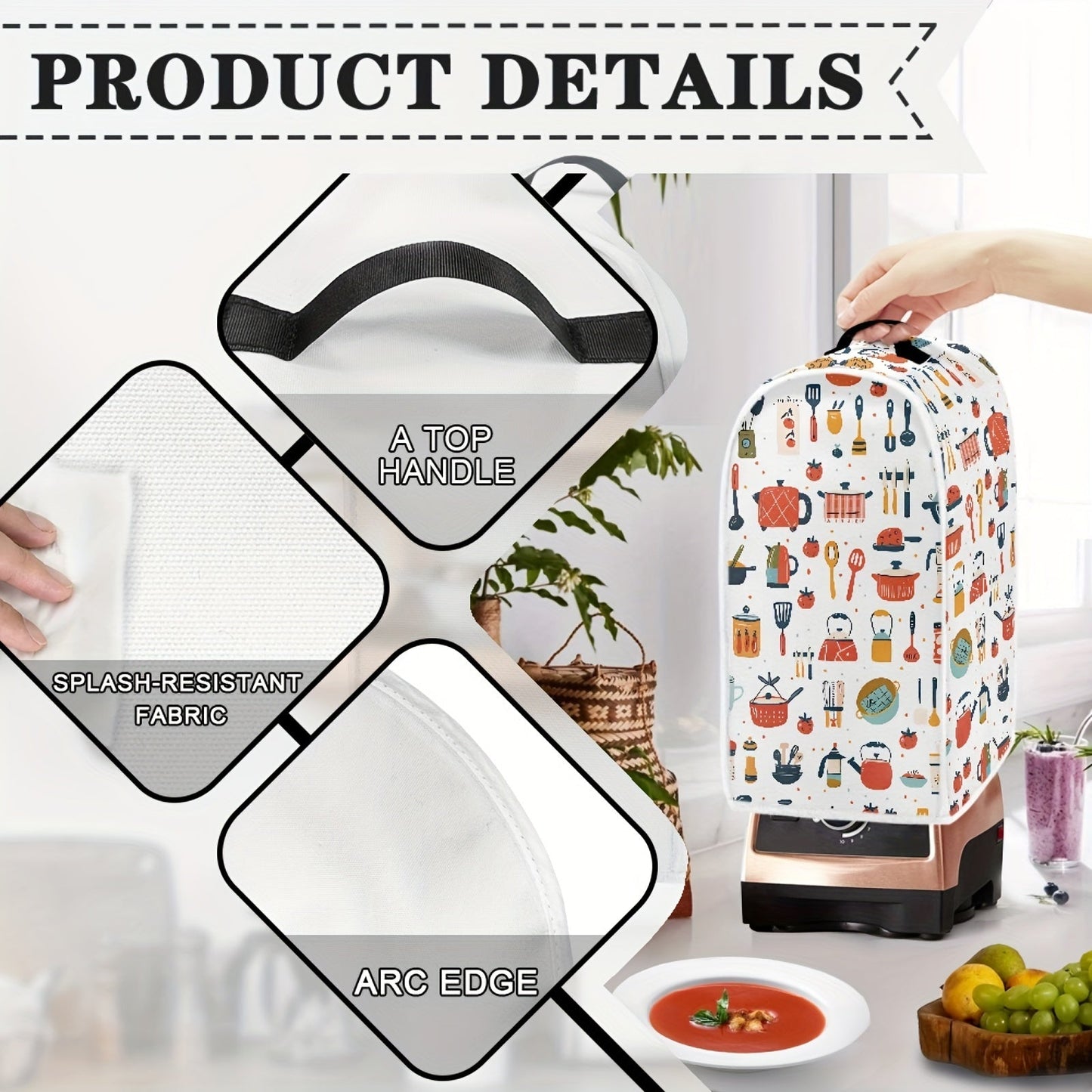 Cartoon-themed kitchen appliance cover for blender, stand mixer, coffee maker, juicers, and food processors. Features top handle for easy handling and is stain-resistant for dust protection.