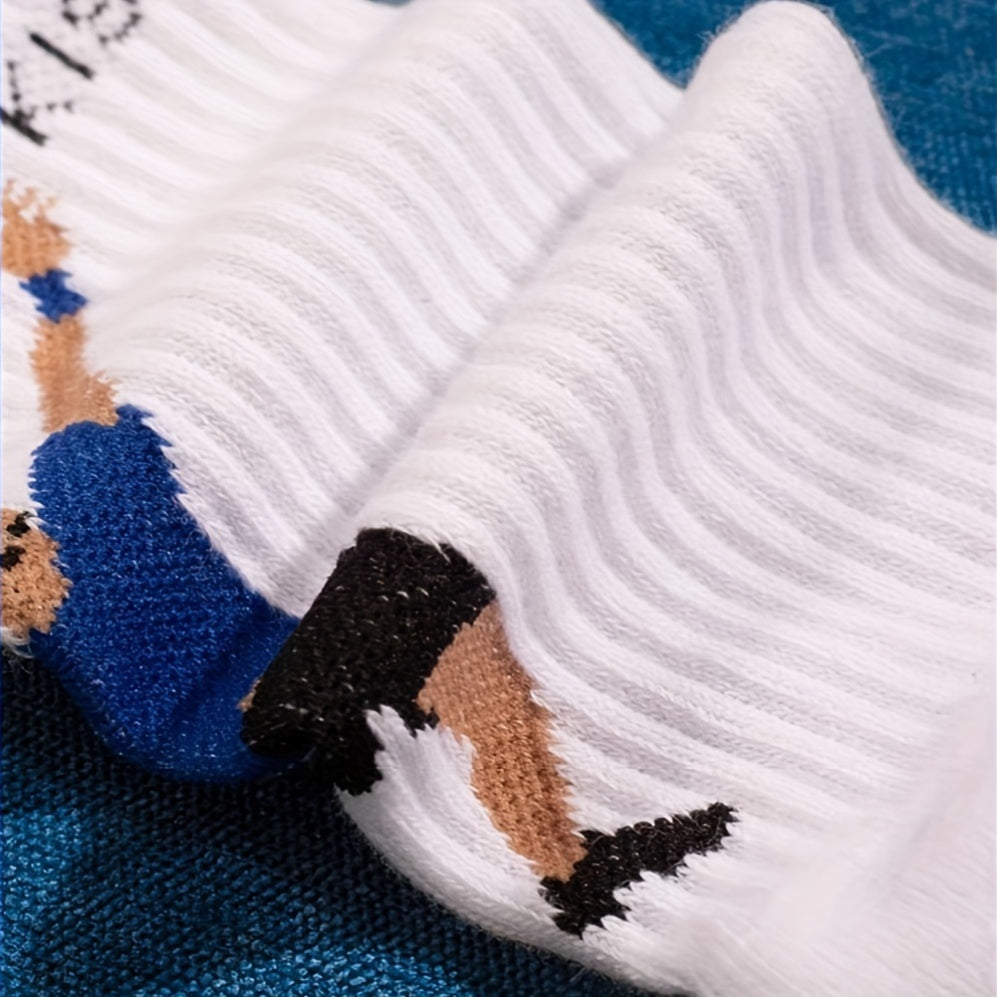 Men's tennis sports socks in cotton blend knit fabric with cartoon print. Suitable for football, tennis, fitness in all seasons. Unisex couple socks in European and Japanese style. Hand