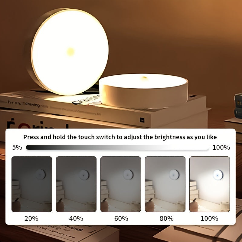 3 smart motion sensor night lights with adjustable brightness, auto on/off feature. Suitable for bedroom, stairs, under cabinet, and closet. Available in warm and cool white colors.