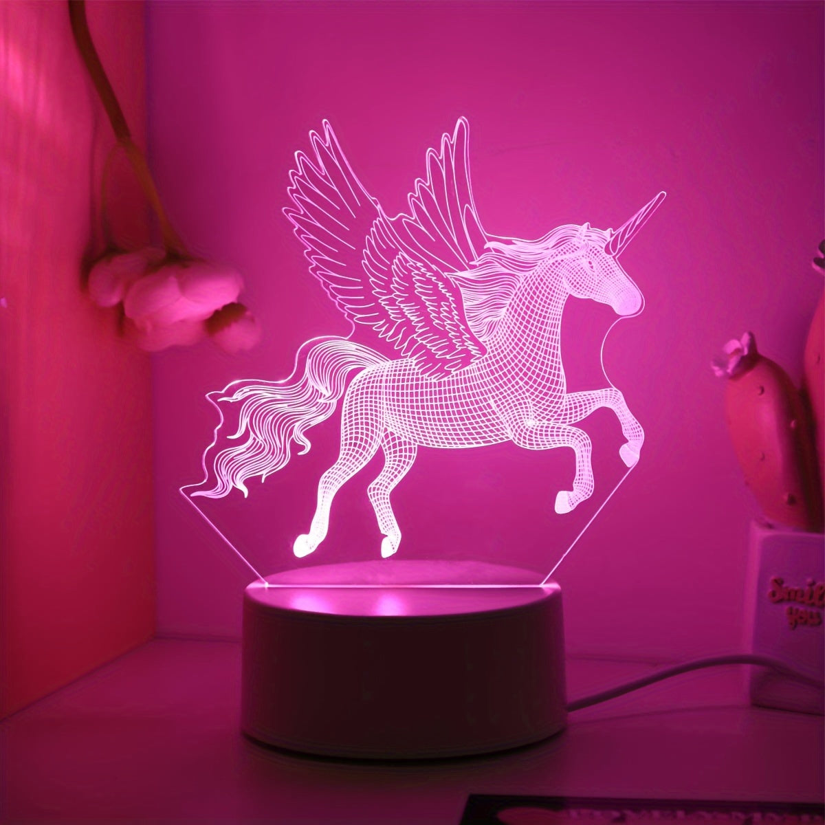 Pink unicorn night light for kids' bedrooms.