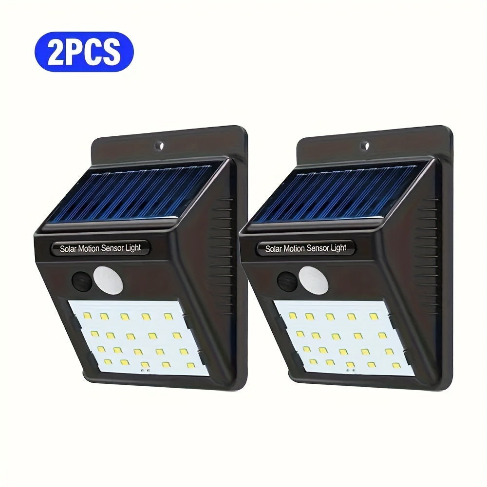 Solar wall light with motion sensor, 3 lighting modes, auto dark activation, rechargeable battery, ideal for outdoor areas.