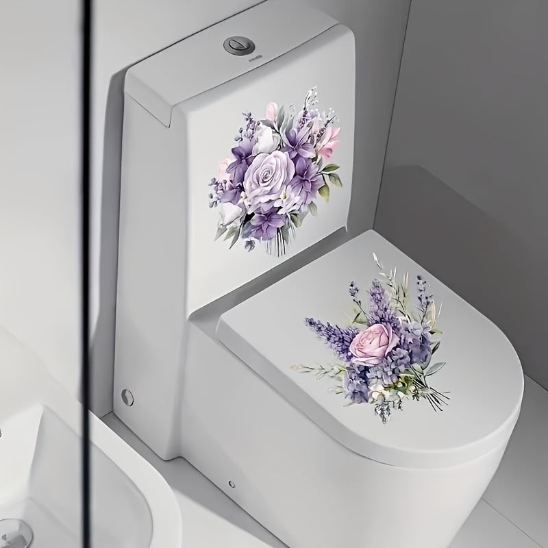 Purple floral and leaf bathroom decals for home decor, waterproof toilet lid stickers.