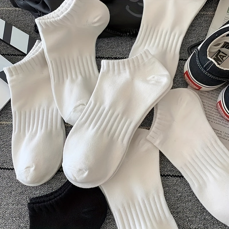 4 White Mid-Calf Socks: Soft, Stretchy Polyester Blend, Breathable Knit for Sports & Casual Wear, Ideal for Couples Matching