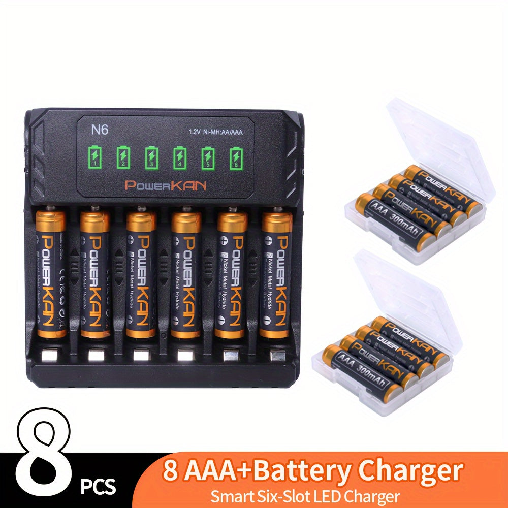 PowerKAN 1.2V NiMH Rechargeable Battery Set includes AA & AAA sizes. It comes with eight 800mAh and eight 300mAh batteries, N6 Charger, USB LED Indicator, fast charging, dischargeable