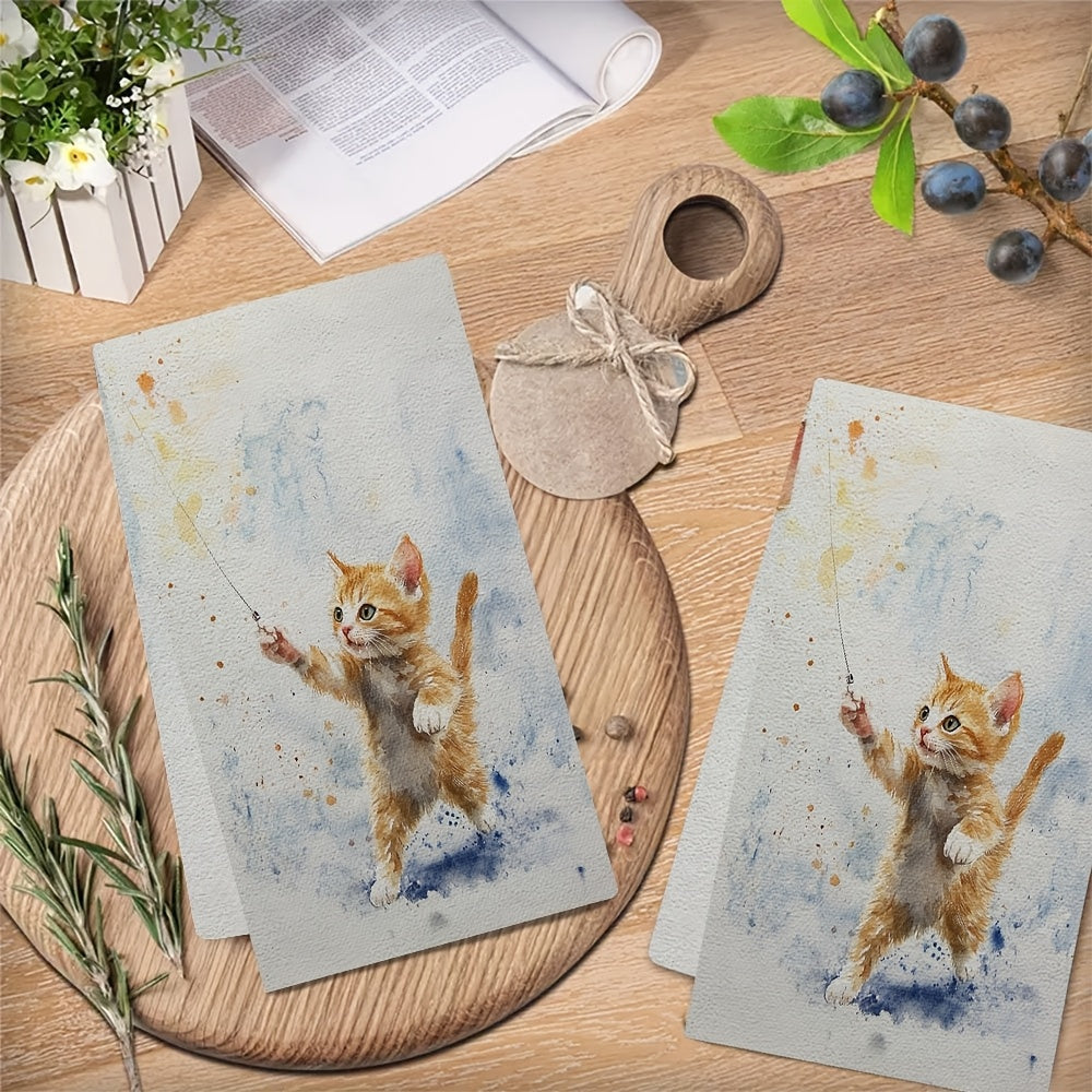 Two Ultra Soft Kitchen Towels featuring Playful Kitten & Laser Pointer Design, made from Highly Absorbent Polyester. Machine Washable, measuring 40.64x60.96 cm - Perfect for Holiday Decor and as Dish Hand Towels.