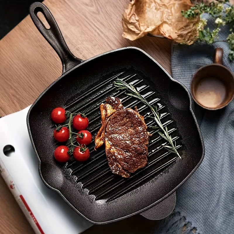 Thickened cast iron frying pan for steaks, fish, and grilling. Can be used on induction cookers and gas stoves. Versatile for home kitchens, BBQ parties, and commercial use. Includes rectangular skillet for all your cooking needs. Essential cookware for