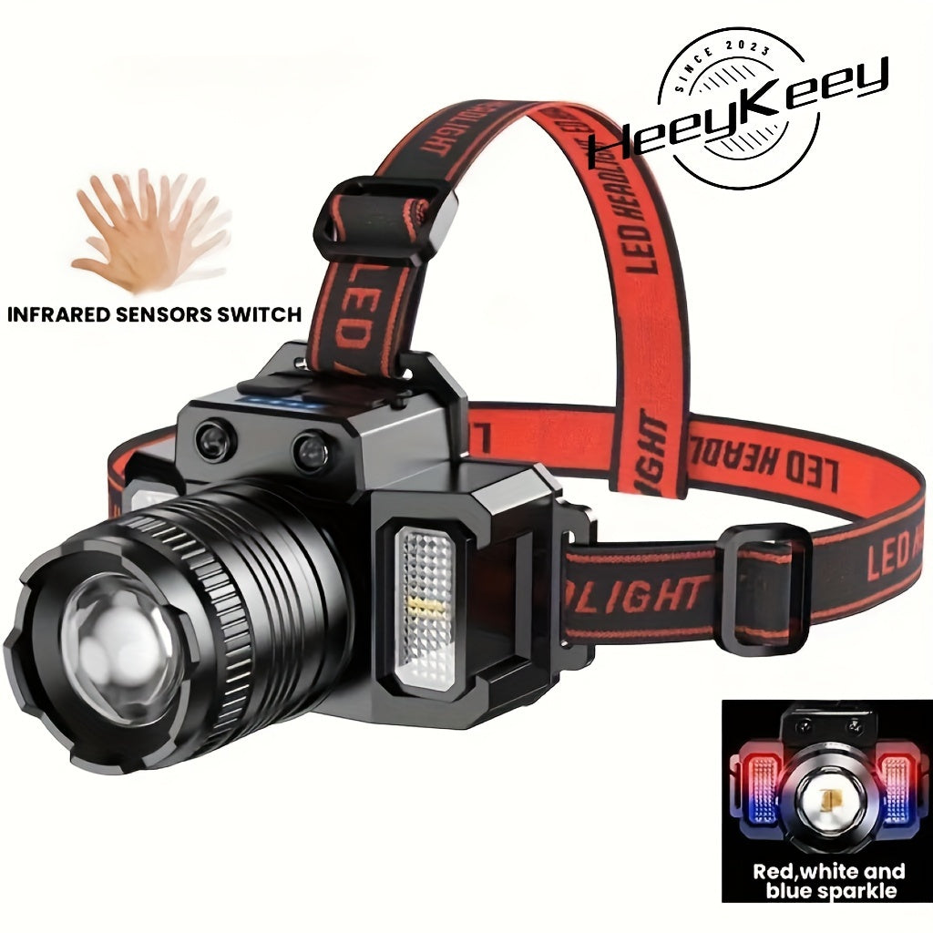 A powerful LED headlamp with infrared sensor zoom, ideal for outdoor activities and emergencies.