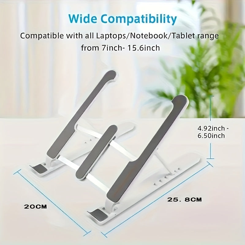 Adjustable laptop stand made of lightweight ABS material, with easy clip and foldable design. Fits 30.48-39.62 cm notebooks, provides enhanced cooling and comfort.