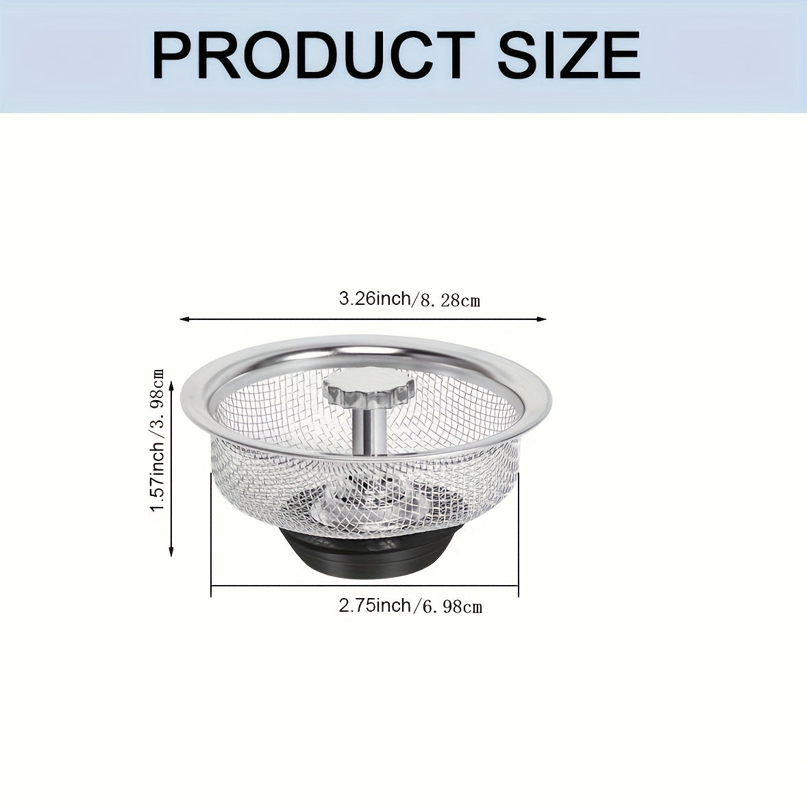 Stainless steel sink strainer for kitchen and bathroom, with 8.13cm and 5.33cm mesh sizes to prevent clogging.