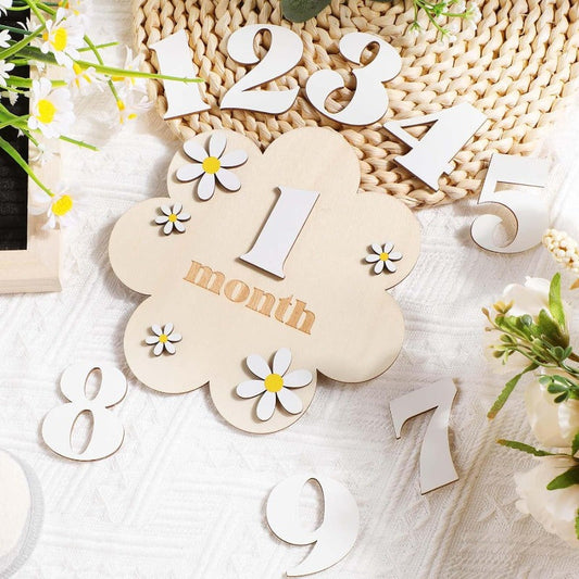 Wooden Daisy Monthly Milestone Cards Kit - Includes 12 Interchangeable Milestone Discs for Shower, Photos, and Gifts (White)