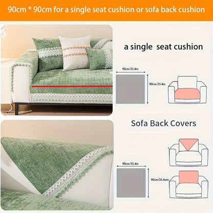 Green Chenille Sofa Cover with Pom-Poms - Waterproof & Pet-Friendly, Fits all sofa sizes (1-4 seater) - Easy care, machine washable, tassel detail, ideal for any room decor